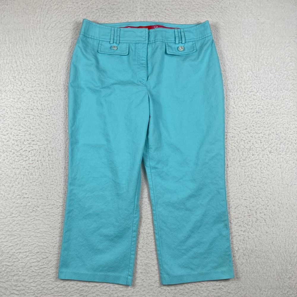 Oscar de la Renta Cropped Pants Womens 16 Turquoise Blue Diamond Weave Cotton